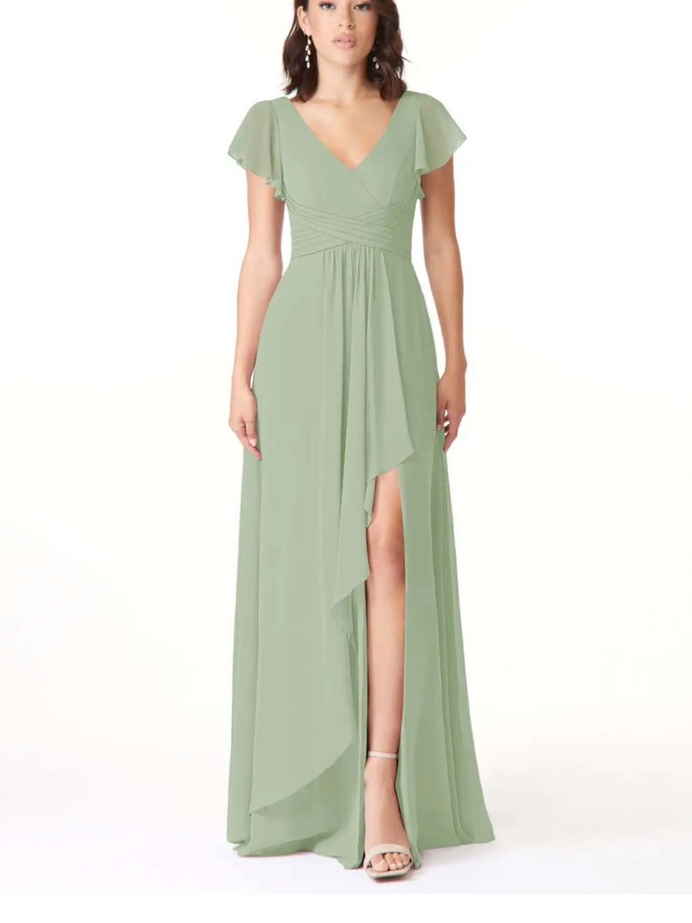 Azazie Sage Green High-Low V-Neck Flutter Sleeve Gown
